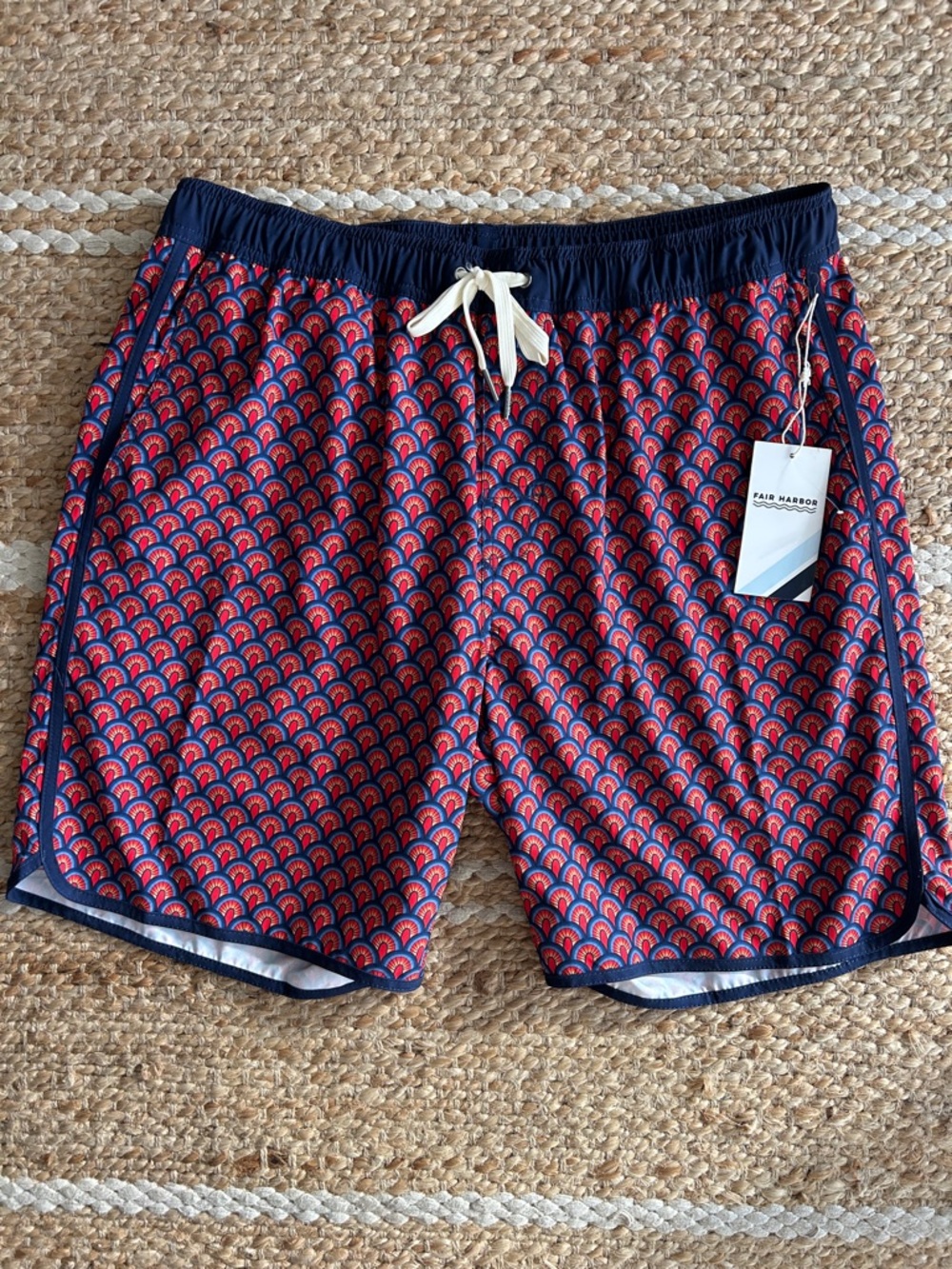 Fair Harbor NWT Swim Trunks Red Art Deco Print